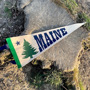 May include: A white pennant with blue text that reads "MAINE" and a green pine tree with a white star. The pennant is lying on a tree stump.