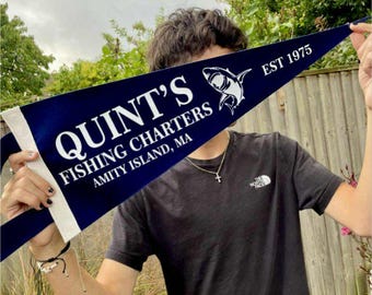 QUINT'S fishing charter Pennant Flag / felt flag wall hanging banner / gallery wall / souvenir / jaws / brody / great white shark / movie