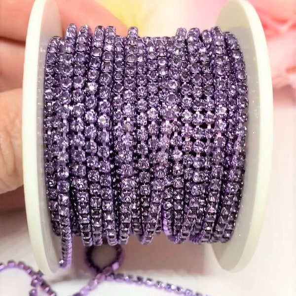 1 YARD 2mm Rhinestones Cup Chain Violet Color With The Same Color Setting  SS6--- Sold By The Yard.