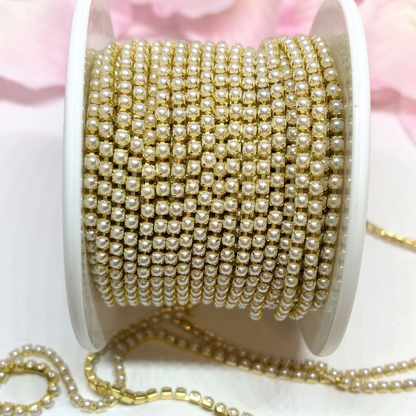 1 YARD 2mm Pearl Cup Chain  With Yellow Gold Color Setting  SS6 --- Sold by the yard