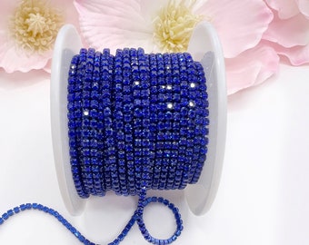 1 YARD 2mm Rhinestones Cup Chain  Sapphire Color In  Same  Color Setting  SS6 --- Sold by the yard