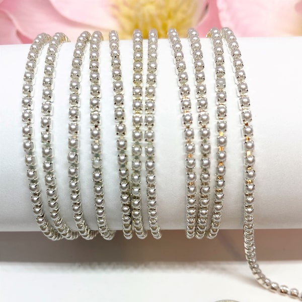 1 YARD 2mm White Pearl Cup Chain  With Silver Color Setting  SS6 --- Sold by the yard