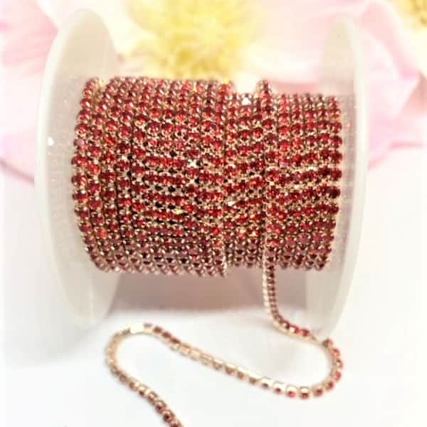 1 YARD 2mm Rhinestones Cup Chain Red Color In Light Gold Color Setting  SS6 --- Sold by the yard