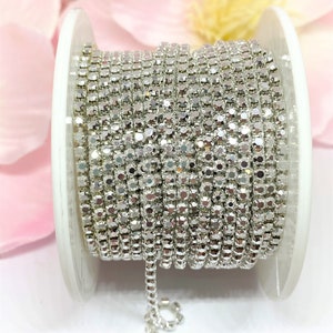 1 YARD 2mm Rhinestones Cup Chain Trim Metallic Silver With Same Color Setting  SS6