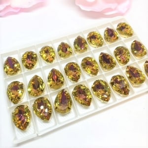 13x18 Sew on Glass Crystal Yellow with Pink in Gold Color Setting Teardrop Shape -Set of 2