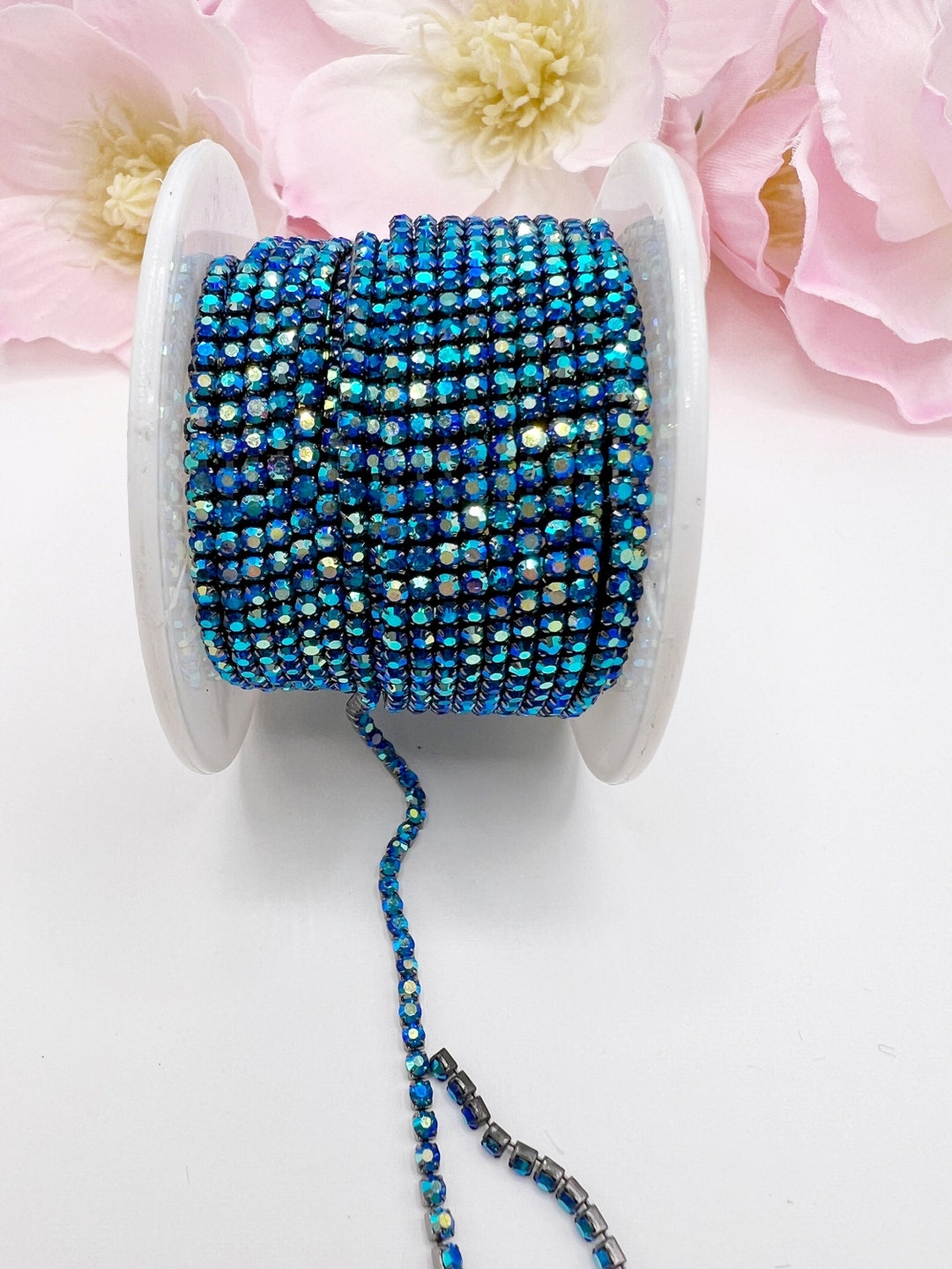 1 YARD 2mm Rhinestones Cup Chain Capri Blue AB Color With Gun Metal ...