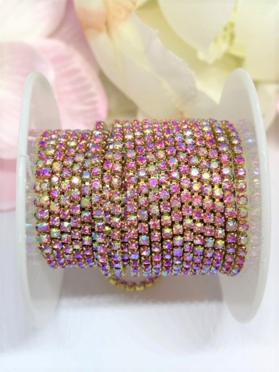 1 YARD 2mm Rhinestones Cup Chain Trim Pink AB Color With Gold Color Setting  SS6 Sold by 1 Yard 