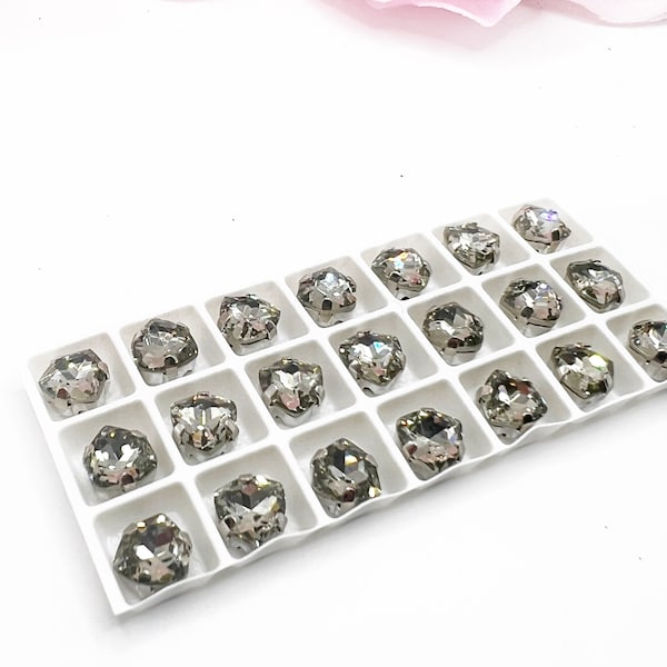 7mm Sew on Glass Crystal  Black Diamond Color in Silver Color Setting Trilliant Shape - Set of 5