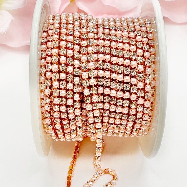 1 YARD 2mm Pearl Cup Chain With Clear Crystals In Rose Gold Color Setting  SS6 --- Sold by the yard