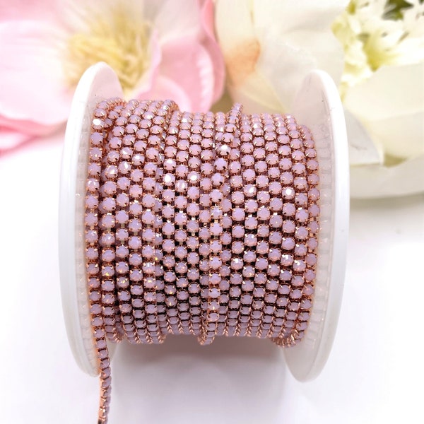 1 YARD 2mm Rhinestones Cup Chain Opal Pink Color in Rose Gold/Gold  Color Setting 2mm SS6--- Sold By The Yard