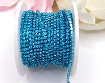 1 YARD 2mm Rhinestones Cup Chain Sky Blue Color With The Same Color Setting  SS6--- Sold By The Yard.