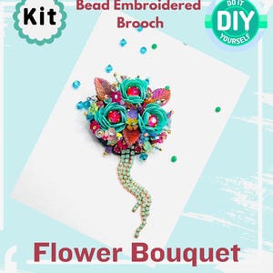 May include: DIY kit for a beaded flower bouquet brooch. The brooch features a cluster of turquoise and pink flowers with red and gold accents. The kit includes all the beads and materials needed to create the brooch.