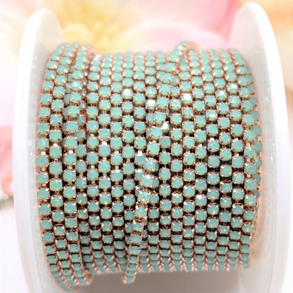 1 YARD 2mm Rhinestones Cup Chain Opal Green Color in Rose Gold /Gold Color Setting 2mm SS6--- Sold By The Yard