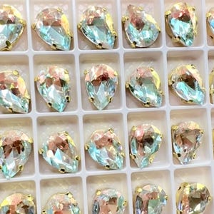 Very Shiny Sew on Glass Crystal Glitter Pink and Mint Green Color in Gold Color Setting Teardrop Shape 10x14mm/13x18mm