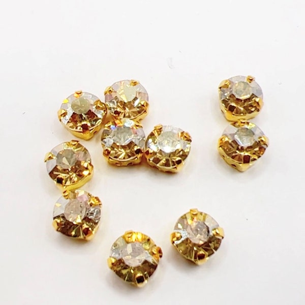 8mm, 6mm Sew on Glass Crystal  Golden Shadow Color in Gold Color Setting Round Shape SS29 SS39 - Set of 10