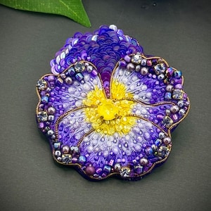 Bead Embroidered Pansy Flower Brooch