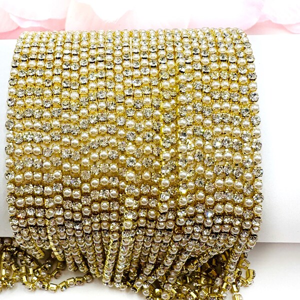 1 YARD 2mm Pearl Cup Chain With Clear Crystals In Gold Color Setting  SS6 --- Sold by the yard
