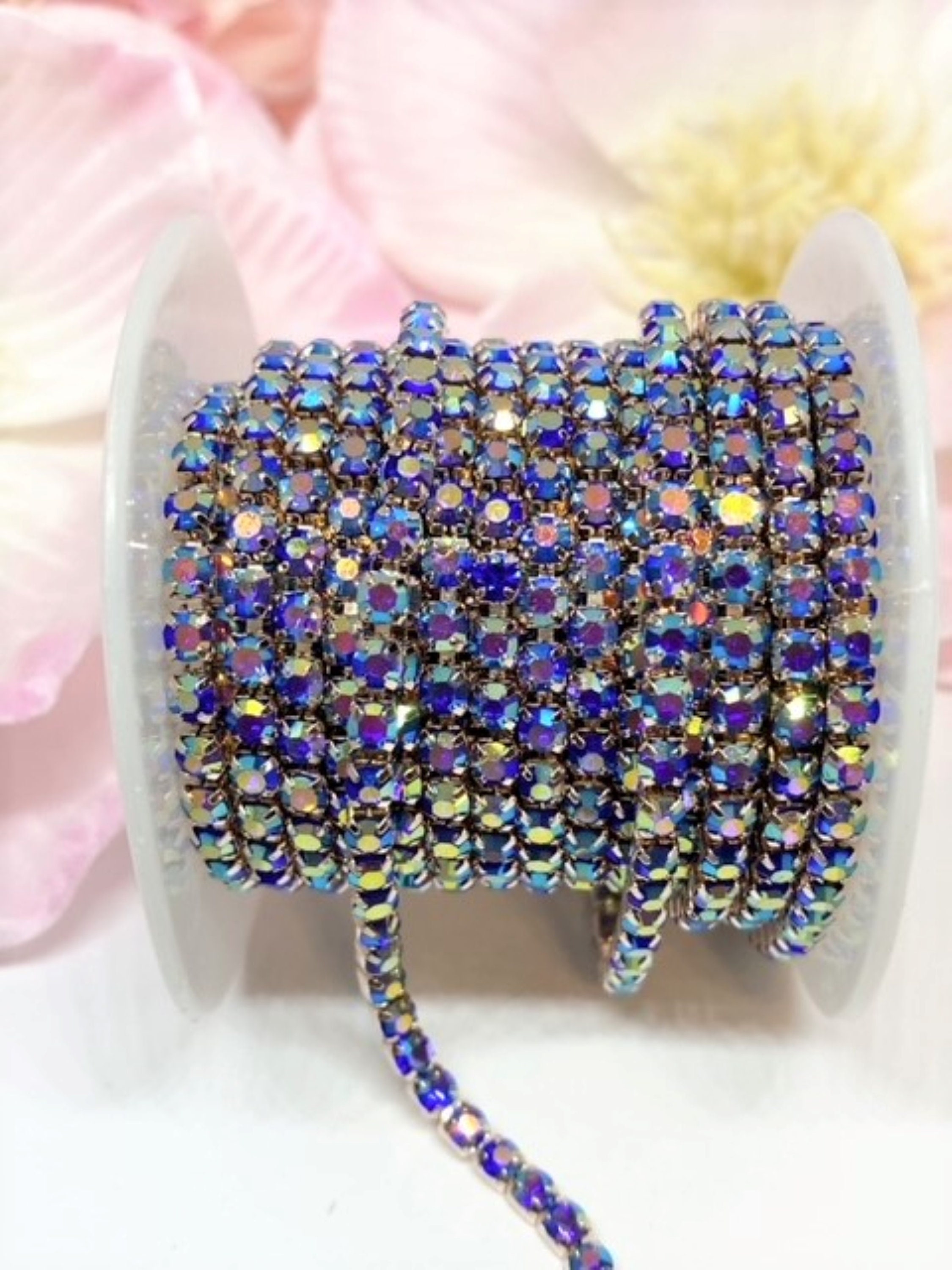 2mm/3mm Rhinestones Cup Chain Trim Blue AB Color With Light Gold Color Setting SS6/SS12