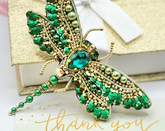 Dragonfly Bead Embroidered Brooch/Pin Green and Gold Color Handmade Embroidery