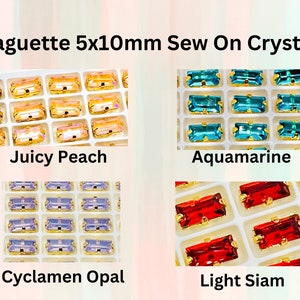 May include: Assortment of 5x10mm sew-on baguette crystals in four colors: Juicy Peach, Aquamarine, Cyclamen Opal, and Light Siam.