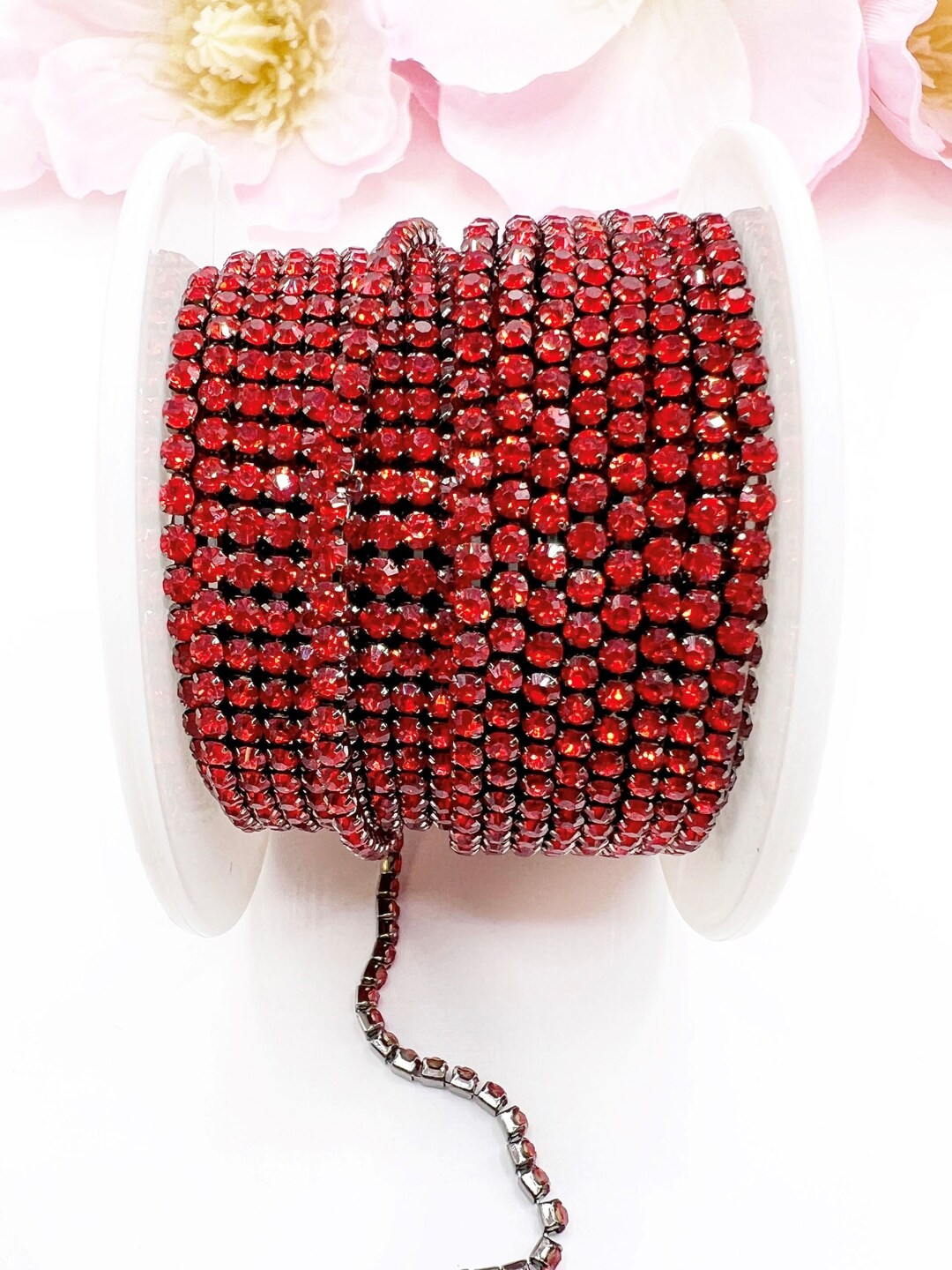Red Rhinestone String Chain 1 YARD 2mm Rhinestones Cup Chain Red Color in Gun Metal Color Setting ...