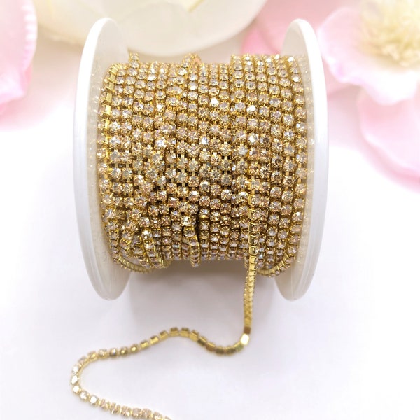 1 YARD 2mm Rhinestones Cup Chain Trim Champagne Color With Gold Color Setting  SS6--- Sold by the yard