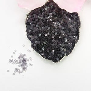 May include: A black sequined pendant with a silver-colored trim, shaped like a leaf. A scattering of sequins is next to the pendant. A pink flower is at the top of the image, against a white background.
