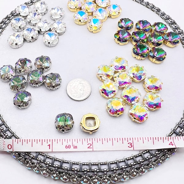 12mm Sew on Cushion Cut Glass Crystal  in Gold/Silver Color Setting - 1 piece