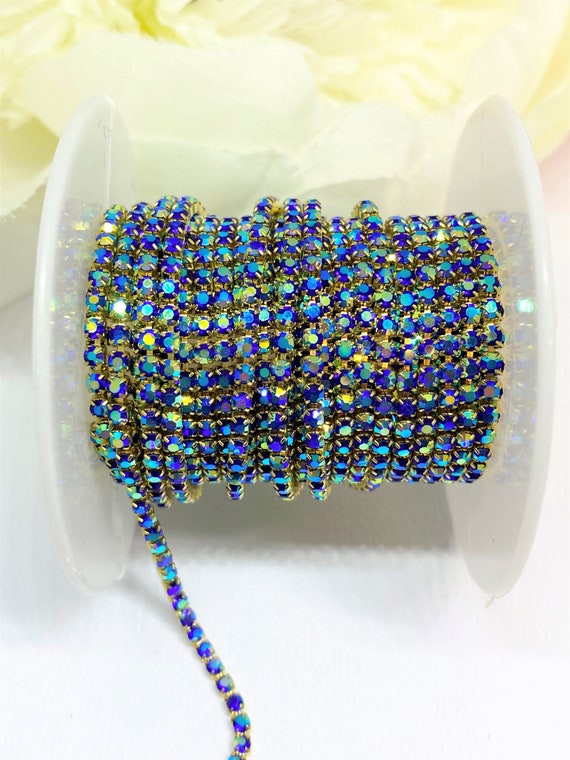 1 YARD 2mm Rhinestones Cup Chain Trim Blue AB Color With Gold Color Setting  SS6 Sold by 1 Yard 