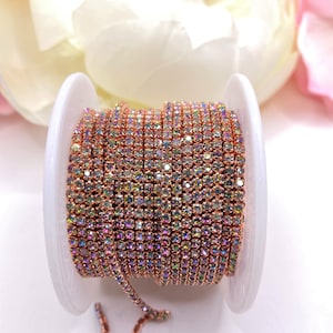 1 YARD 2mm Rhinestones Cup Chain Rainbow Color in Rose Gold Color Setting SS6