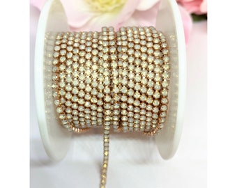 1 YARD 2mm Rhinestones Cup Chain White Opal Color In Rose Gold Color Setting  SS6--- Sold By The Yard
