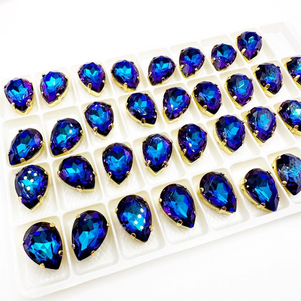 Coser en cristal de cristal azul oscuro con púrpura en color dorado en forma de lágrima 10x14 y 13x18