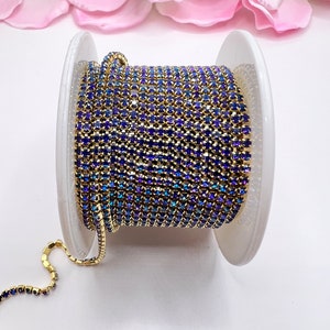 1 YARD 2mm Rhinestones Cup Chain Multicolor Dark Blue Color in  Gold Color Setting SS6- Sold By the Yard