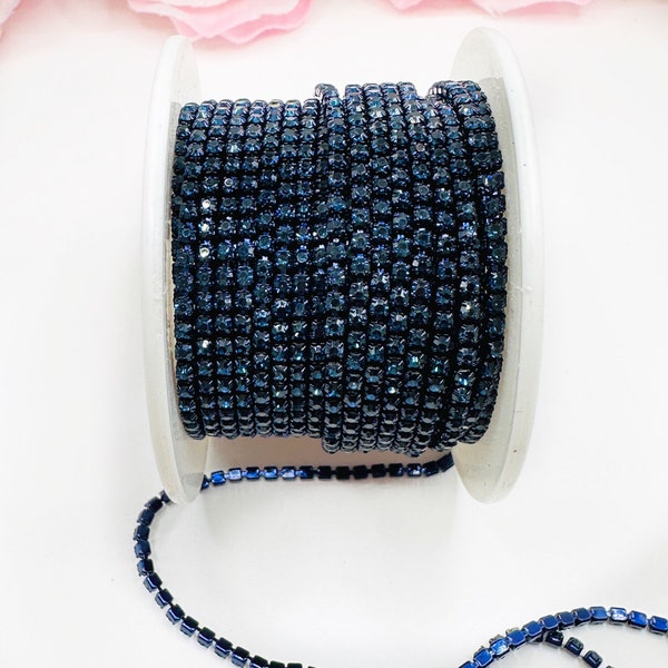 1 YARD 2mm Rhinestones Cup Chain Dark Navy Blue Color With The Same Color Setting  SS6 --- Sold  By The Yard