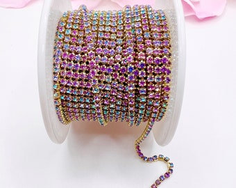 1 YARD 2mm Rhinestones Cup Chain Multicolor Pink/Blue Color in  Gold Color Setting SS6- Sold By the Yard