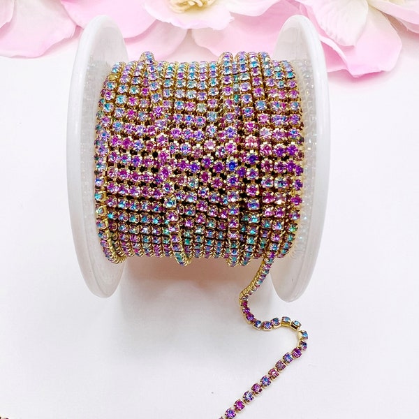 1 YARD 2mm Rhinestones Cup Chain Multicolor Pink/Blue Color in  Gold Color Setting SS6- Sold By the Yard