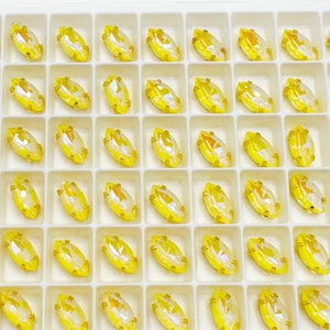 5x10 mm Sew on Glass Crystal Yellow Delight in Gold Color Setting Navette/Horse Eye  Shape -6 pieces