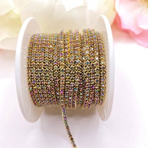 1 YARD 2mm Rhinestones Cup Chain Rainbow Color in  Gold Color Setting SS6