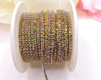 1 YARD 2mm Rhinestones Cup Chain Rainbow Color in  Gold Color Setting SS6