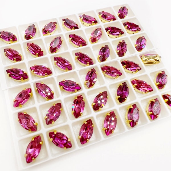 5x10 mm Sew on Glass Crystal Fuchsia Color in Gold Color Setting Navette/Horse Eye  Shape -6 pieces