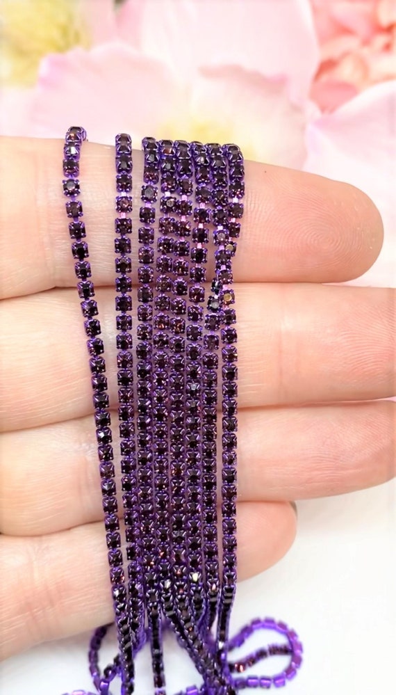 1 YARD 2mm Rhinestones Cup Chain Dark Purple Color With the Same Color  Setting SS6 Sold by the Yard. 