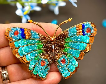 Bead Embroidered Butterly Booch/Pin in Brown and Blue Colors