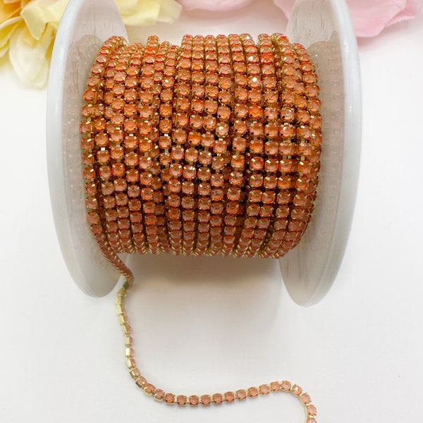 1 YARD 2mm Rhinestones Cup Chain Orange Sun Color In Gold Color Setting  SS6 --- Sold by the yard