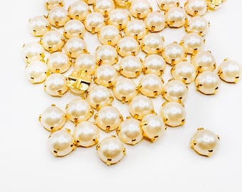 White Pearl Sew On  Rosemontees in Silver/Gold Color Setting/5mm/6mm/7mm/8mm/10mm-- set of 25