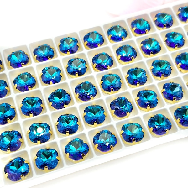 Sew on Cushion Cut Glass Crystal Bermuda Blue Color in GoldColor Setting 8mm/10mm/12mm