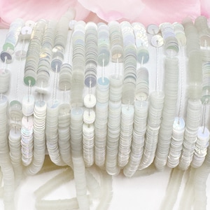 May include: A spool of white iridescent sequins, strung on a white thread. The sequins are round and have a slight shimmer.