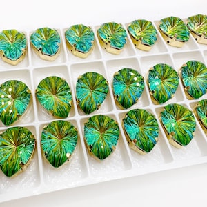 Lotus Teardrop Sew On Crystal 13x18mm Green Color in Gold Color Setting- 2 pieces