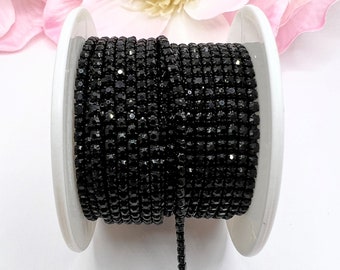 1 YARD 2mm Rhinestones Cup Chain Trim  Black Color With The Same Color Setting  SS6 --- Sold  By The Yard