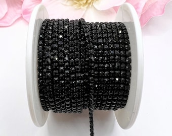 1 YARD 2mm Rhinestones Cup Chain Trim  Black Color With The Same Color Setting  SS6 --- Sold  By The Yard