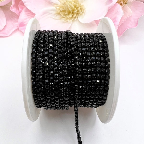 1 YARD 2mm Rhinestones Cup Chain Trim  Black Color With The Same Color Setting  SS6 --- Sold  By The Yard